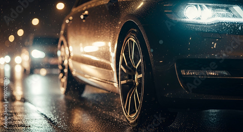 Luxury Cinematic Macro of Rainy Night Urban Traffic with Premium Reflections