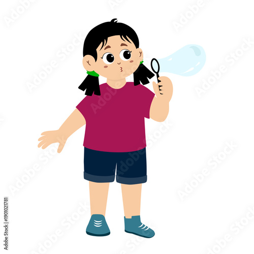 Cute girl playing bubbles. Cartoon Kid Blowing Soap Allows Illustration. Happy little girl cartoon character blowing bubbles isolated on white.