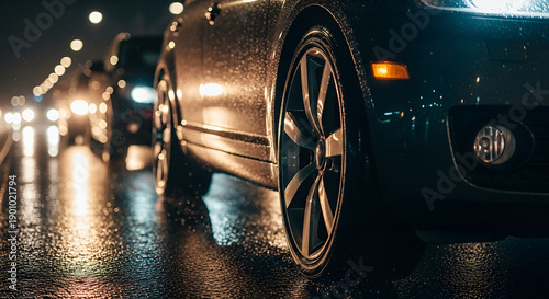 Luxury Cinematic Macro of Rainy Night Urban Traffic with Premium Reflections