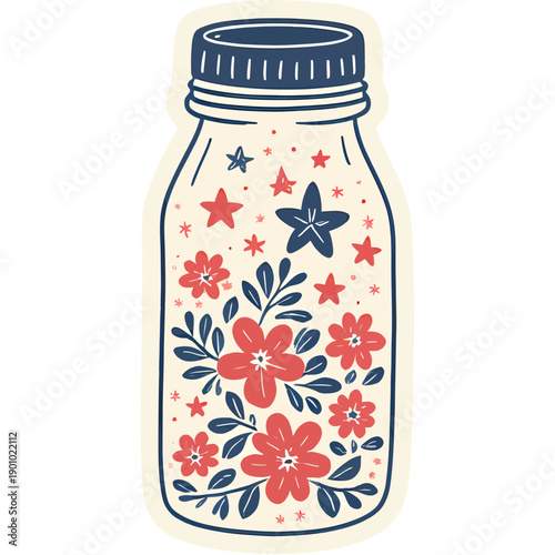 glass jar | full of stars and flowers | cozy cottagecore aesthetic | sticker illustration | pastel palette | bold outline | whimsical magical vibe | kawaii nature design | soft glow accents | charming