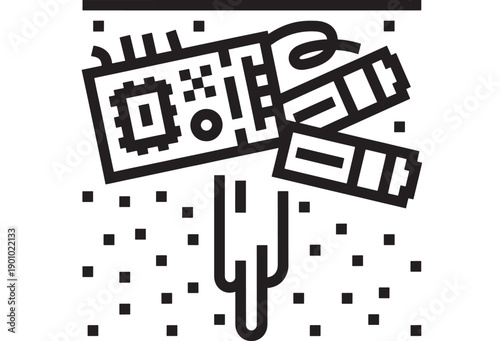 Microchip melting icon with dripping circuitry and pixel fragments, bold black outline symbol for AI hardware failure, overheating processor, glitch tech warning