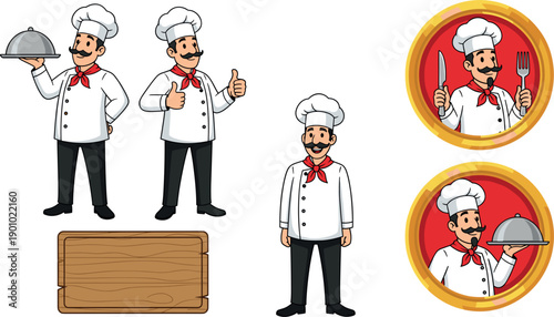 Friendly mustache chef cartoon character set with serving tray thumbs up and restaurant logo badges