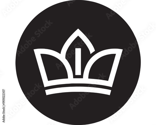 Crown royalty icon in white outline inside black circle, minimalist flat vector symbol for king, queen, luxury brand, heraldry, badge, app UI and logo design