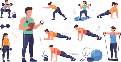 Men Fitness Workout Character Set with Strength Training, Cardio Exercises, and Gym Equipment for Healthy Lifestyle, Sport, Training, and Wellness Illustrations