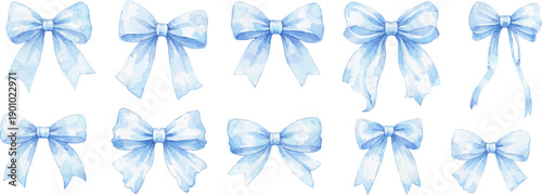 Watercolor blue bows set with soft pastel ribbons, baby shower designs, invitations and decorative elements on transparent background
