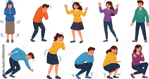 People Showing Fear, Anxiety, and Panic Reactions Character Set Illustrating Stress, Phobia, Shock, and Emotional Distress for Psychology and Mental Health Designs