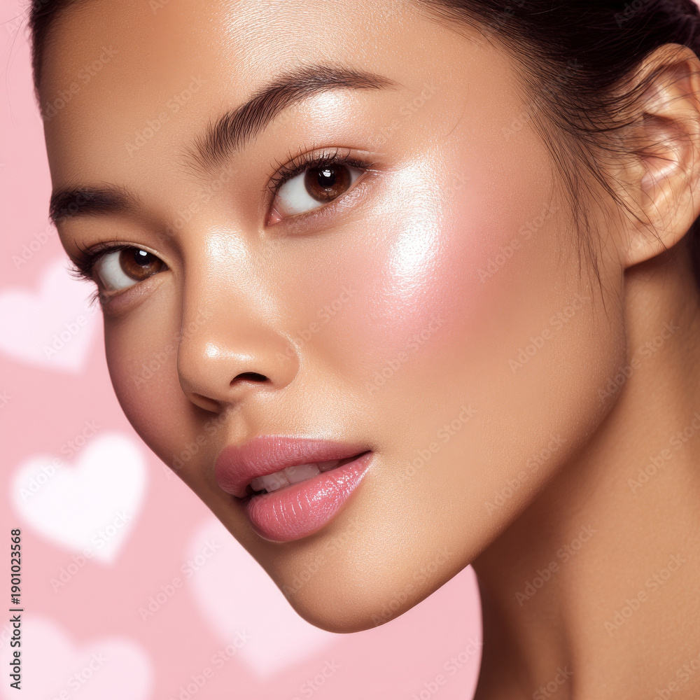 Fototapeta premium Close up beauty portrait of asian woman with tan skin glowing makeup and pink lips on pink background with heart shapes