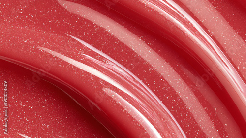 Glossy red lip gloss texture with sparkling glitter spread in smooth curves, creating vibrant and shiny effect