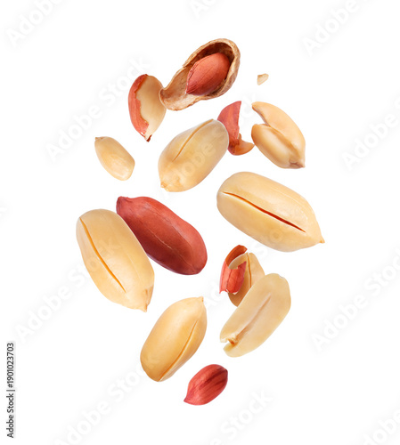 Canvas Print Dried peanuts levitating in the air close-up isolated on white background