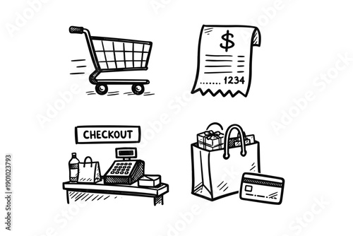 Shopping and Checkout Line Icons Set with Cart, Receipt and Payment