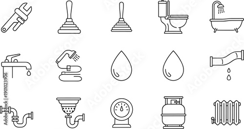 Home repair plumbing icons set with shower head pipe valve gas cylinder and bathroom equipment on transparent surface