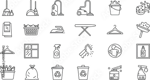 Cleaning service linear icons collection with vacuum broom mop trash bin and laundry basket on transparent background
