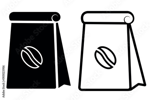 Coffee Bag icon. Black, white silhouette Paper bag full of coffee, isolated on white background. linear illustration, logo for coffee shop, hand drawn artwork
