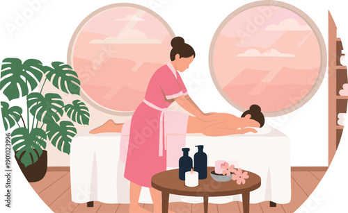 Spa Massage Therapy Vector Illustration Showing Relaxation and Wellness Treatment for Beauty Centers, Health Care Services, Self Care Concepts, and Design Projects
