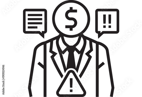 Accountant icon with dollar sign head and warning triangle alert, business financial problem concept, thin line pictogram for accounting risk, audit and crisis