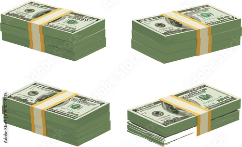 Stacks of dollar banknotes illustration representing cash money, wealth, finance, savings, income, and business success concept on white background