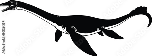 Long neck plesiosaur marine reptile silhouette swimming in ocean depths prehistoric aquatic dinosaur fossil wildlife creature from mesozoic jurassic era underwater