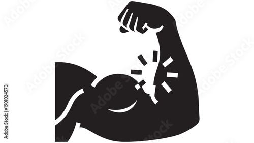 Arm muscle flexing icon with biceps strength silhouette, power fitness symbol, bodybuilding training logo, strong body concept, black vector pictogram isolated