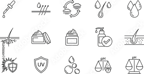 Set of vector line icons for cosmetics, skincare, and beauty products depicting hydration and protection