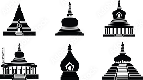 Asian temple and pagoda silhouettes collection isolated vector illustration traditional architecture religious landmark design elements set