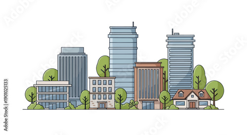 Flat design cityscape with diverse buildings and trees, urban illustration on white background
