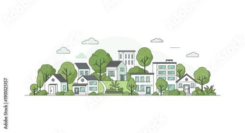 Charming neighborhood with houses, trees, and green spaces in a clean cartoon style
