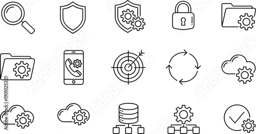 Cloud data management and technical support line icon set with gear symbols folders database and security shields