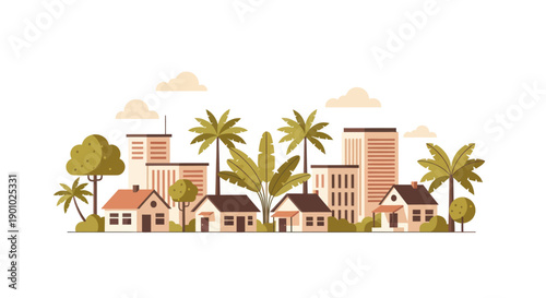 Flat illustration of a cityscape with houses and modern buildings, palm trees.