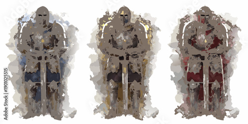 Three medieval knights in full armor stand facing the viewer