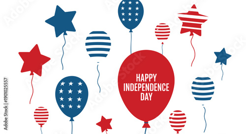 Red, white, and blue patriotic balloons and stars with 'Happy Independence Day' text, for banner or poster, isolated on transparent background, png
