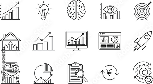 Set of vector outline icons. such as chart, light bulb, brain, eye, target, house, money, rocket