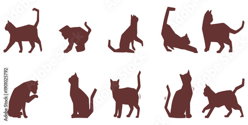 Set of cat silhouettes in walking and sitting poses. Hand drawn minimalist feline illustrations for pet care branding, animal logos, and creative graphic design elements.