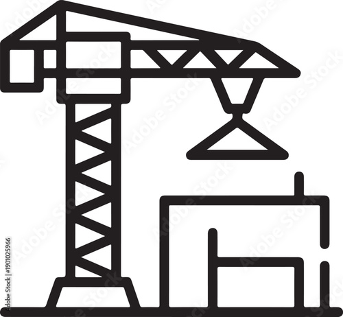 Construction crane lifting materials near a building site with a small structure Vector