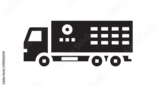 Truck delivery icon with cargo box silhouette, flat black vector pictogram for logistics, freight transport, shipping service, warehouse distribution and moving