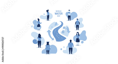 Diverse group of people surrounding a flowing river with recycling arrows symbolizing collective responsibility and sustainable practices for water resources, Generative AI.
