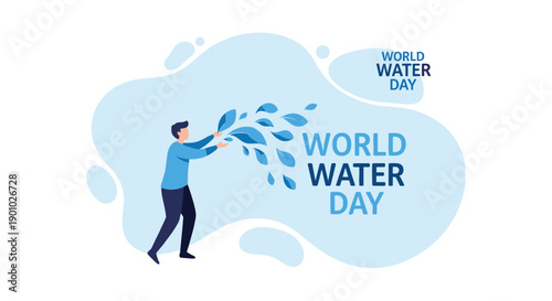 Energetic man enthusiastically throwing blue water splashes resembling leaves symbolizing vibrant engagement with water conservation and environmental action, Generative AI.