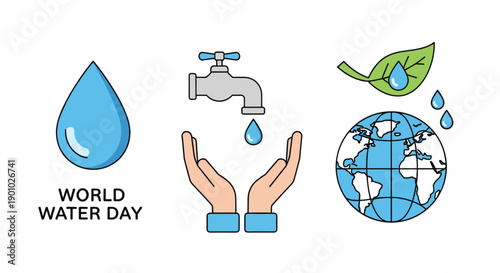 Essential icons representing water conservation featuring a droplet caring hands and a leaf-adorned globe illustrating global commitment to World Water Day crisp clear, Generative AI.