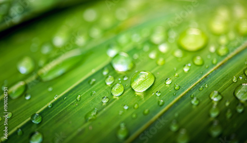 Macro image of water droplets on green palm leaves, close-up of rainy season drops rainwater on the green palm leaf
