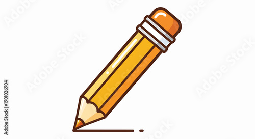 A yellow pencil with eraser and brown line drawing on white
