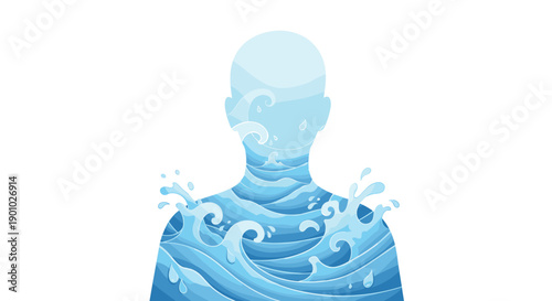 Human silhouette with paper-cut style water waves and splashes representing the immersive and vital presence of liquid within human existence, Generative AI.