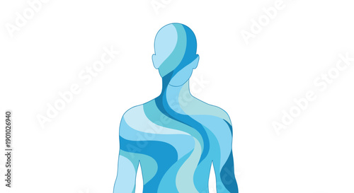 Human silhouette filled with intricate wavy blue patterns symbolizing the profound internal connection of the human body to essential liquid, Generative AI.
