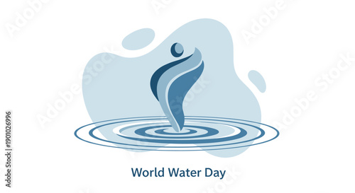 Abstract blue human figure gracefully emerging from concentric water ripples symbolizing the profound connection between life and vital resources, Generative AI.