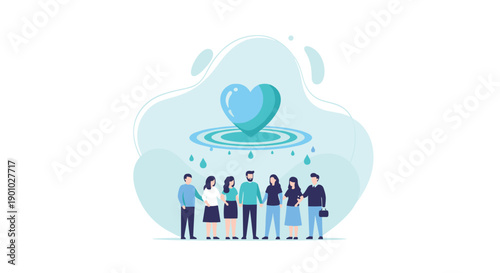 Diverse group of people standing united beneath a large blue heart with water ripples and droplets signifying collective appreciation for water on World Water Day community, Generative AI.