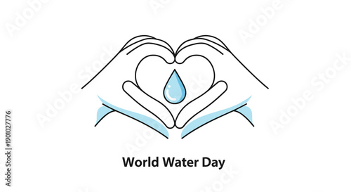 Minimalist line art depicting hands forming a heart shape around a simple blue water drop conveying love and dedication to water conservation on World Water Day clean graphic, Generative AI.