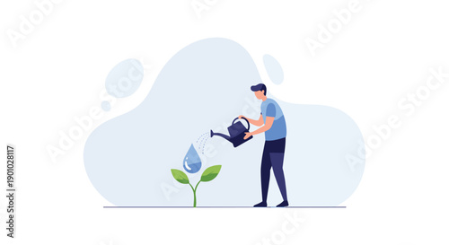 Dedicated man carefully watering a vibrant green plant next to a prominent blue water droplet emphasizing growth and responsible water usage serene and clean background, Generative AI.