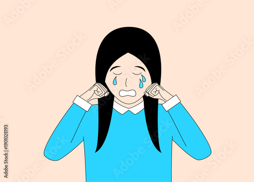 Girl is crying and her hands are on her ears