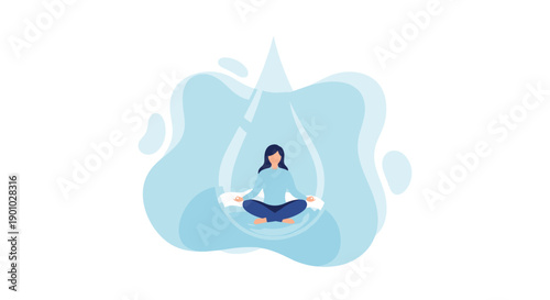 Tranquil woman in lotus meditation pose cradled gently within a large transparent water droplet symbolizing inner peace and fluid serenity calming blue and white tones, Generative AI.