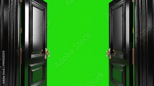 Green Screen black classic doors opening background animation 3d render alpha channel scene 3 with distortion, overlay, glitch, static noise, scan lines on background, 4k animated video loop