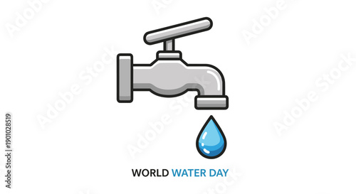 Simple yet impactful illustration of a chrome faucet with a single precious blue water drop dripping highlighting water conservation and resource scarcity, Generative AI.