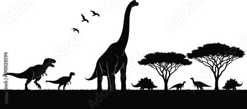 Prehistoric landscape silhouette with dinosaurs like brachiosaurus and tyrannosaurus rex set against trees, cad drawing flat vector illustration for graphic design